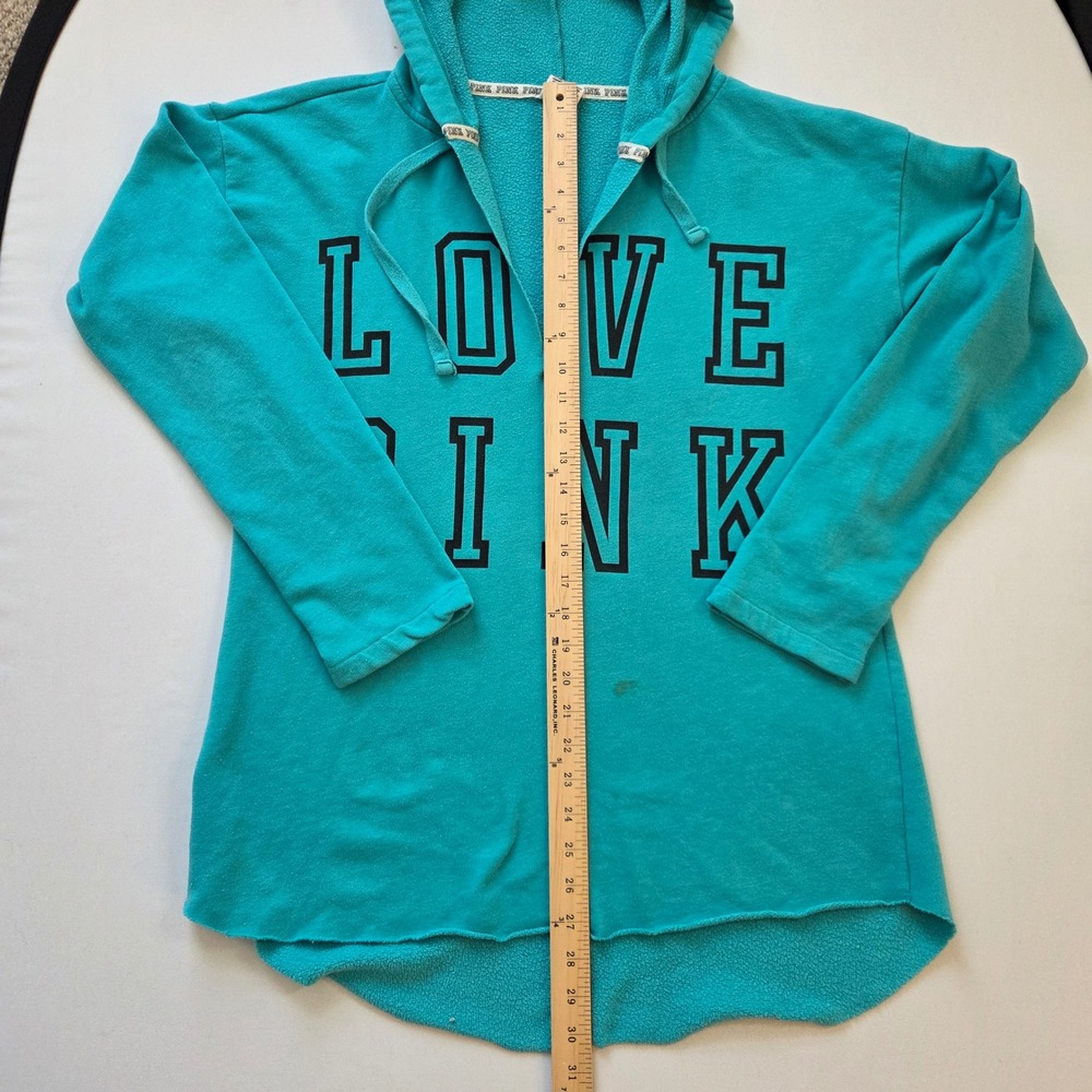 Victorias Secret PINK Hoodie Teal Blue Love Pink Graphic High Low Hem Large - Picture 7 of 10